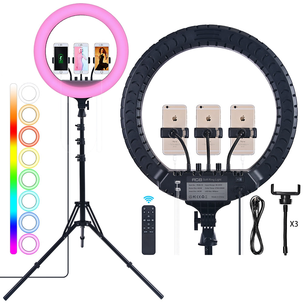 Selfie ring RGB, inaltime 1.80 metri, diametru 45 cm, 18 inch, telecomanda